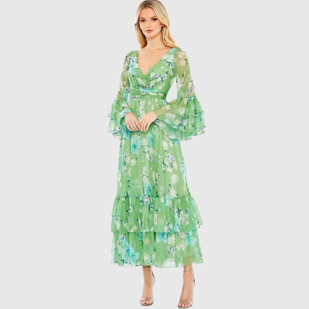 Mac Duggal Floral Print Chiffon Wrap Flounce Sleeve Dress